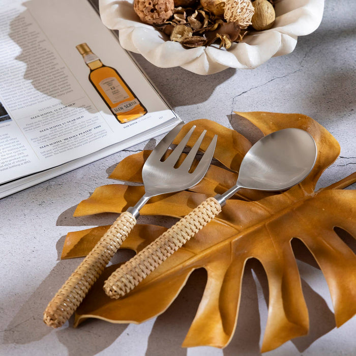 Set of 2  Stainless Steel & Wood Handle Salad Set: Silver / Metal