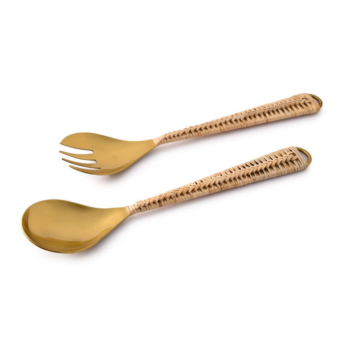 Brass Salad Servers with Gift Box: Gold & Natural / BRASS & CANE