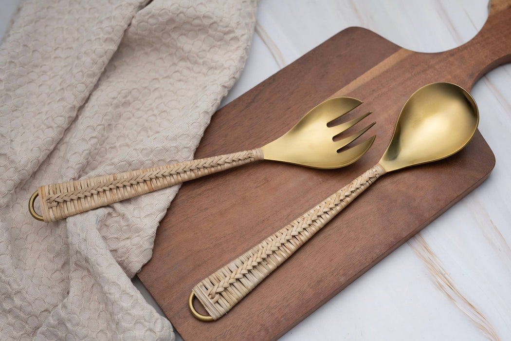Brass Salad Servers with Gift Box: Gold & Natural / BRASS & CANE