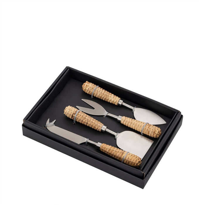 Set of 4 Stainless Steel & Wood Handle Cheese Set: Silver / Metal