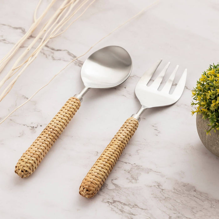 Set of 2  Stainless Steel & Wood Handle Salad Set: Silver / Metal