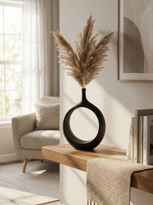 Matte Black Sculptural Round Vase Modern Home Décor Accent