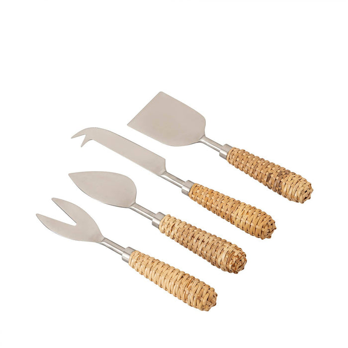 Set of 4 Stainless Steel & Wood Handle Cheese Set: Silver / Metal