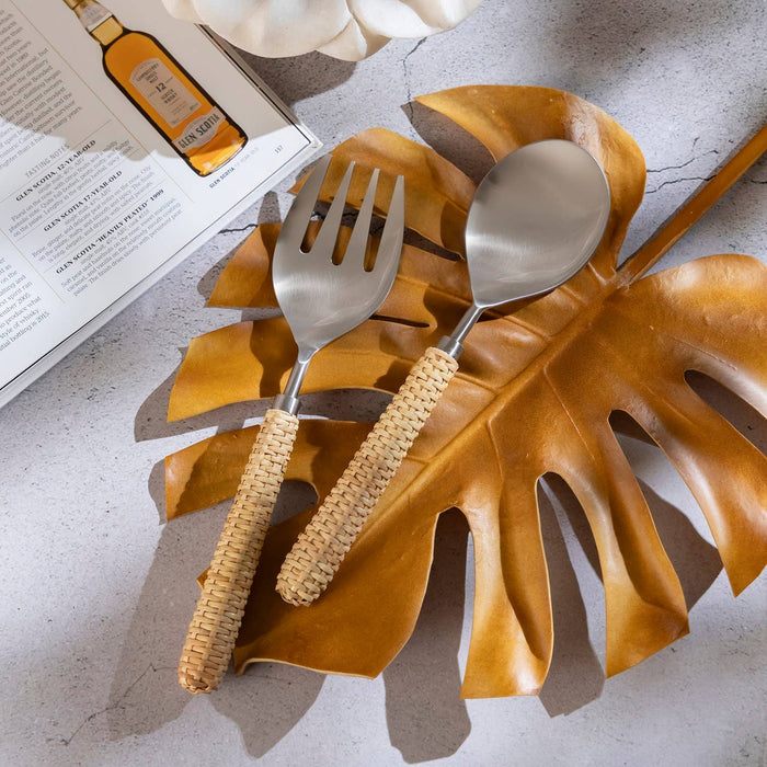 Set of 2  Stainless Steel & Wood Handle Salad Set: Silver / Metal
