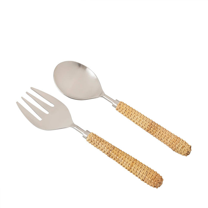 Set of 2  Stainless Steel & Wood Handle Salad Set: Silver / Metal