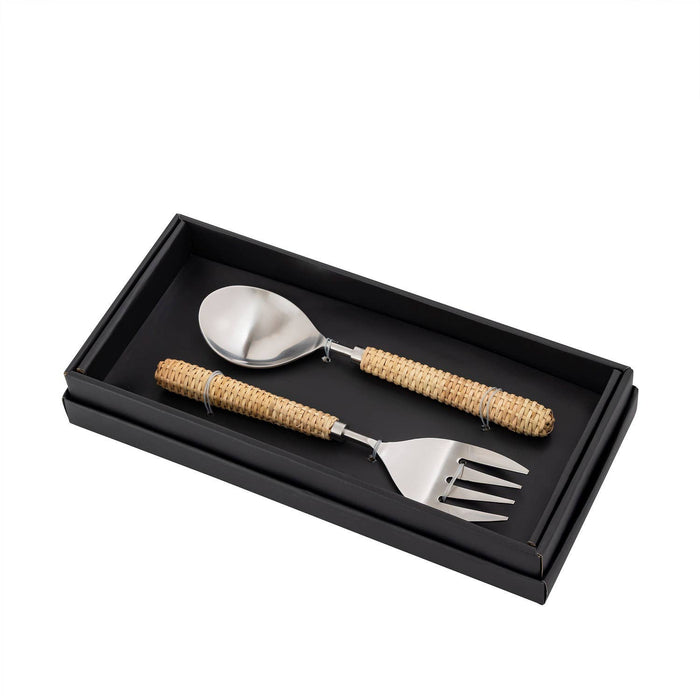 Set of 2  Stainless Steel & Wood Handle Salad Set: Silver / Metal