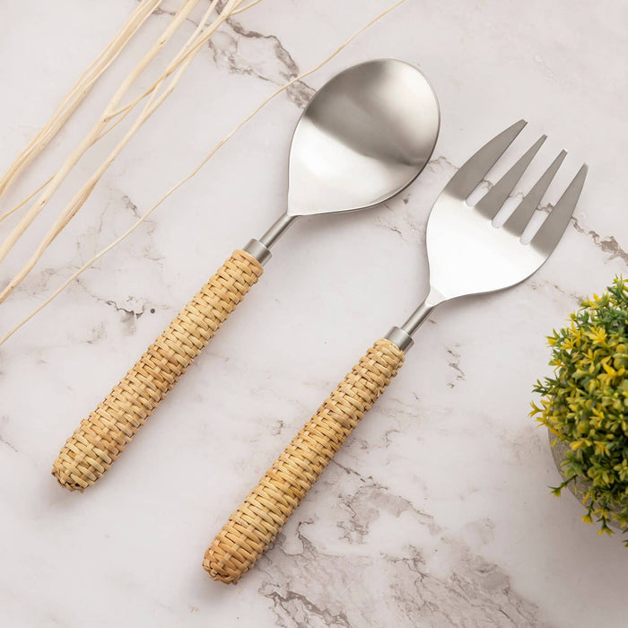 Set of 2  Stainless Steel & Wood Handle Salad Set: Silver / Metal