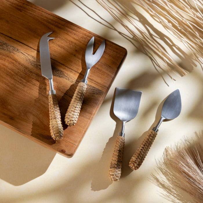 Set of 4 Stainless Steel & Wood Handle Cheese Set: Silver / Metal