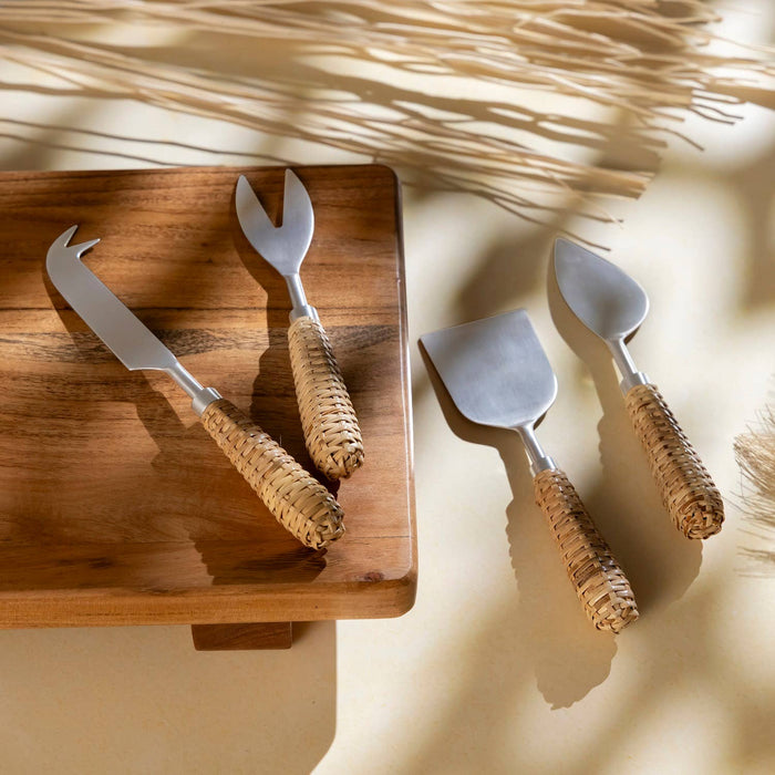 Set of 4 Stainless Steel & Wood Handle Cheese Set: Silver / Metal
